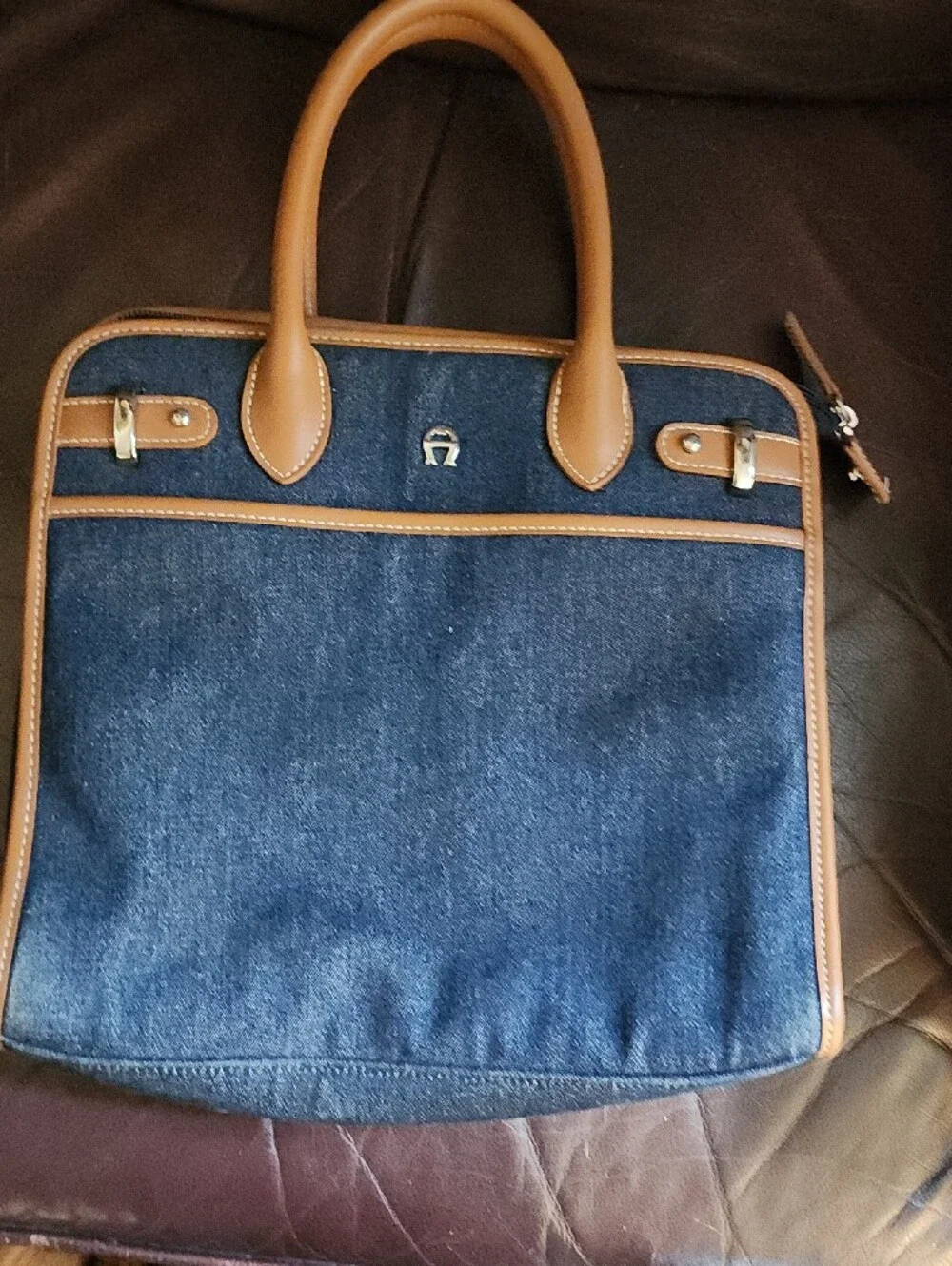 Etienne Aigner Denim & Tan Leather Tote Handbag